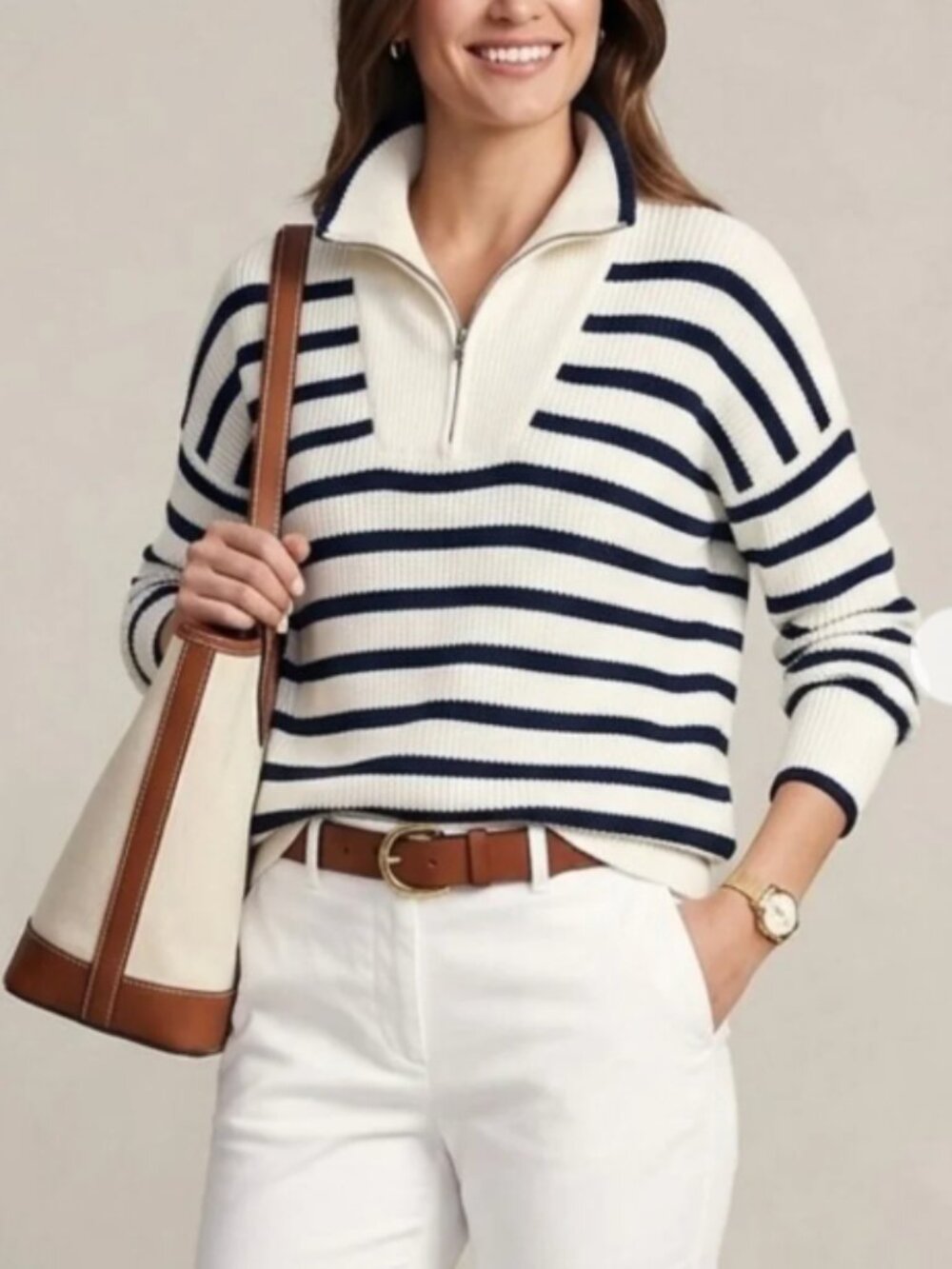 Lands' End Drifter Cream and Navy Striped Half-Zip Sweater Size S